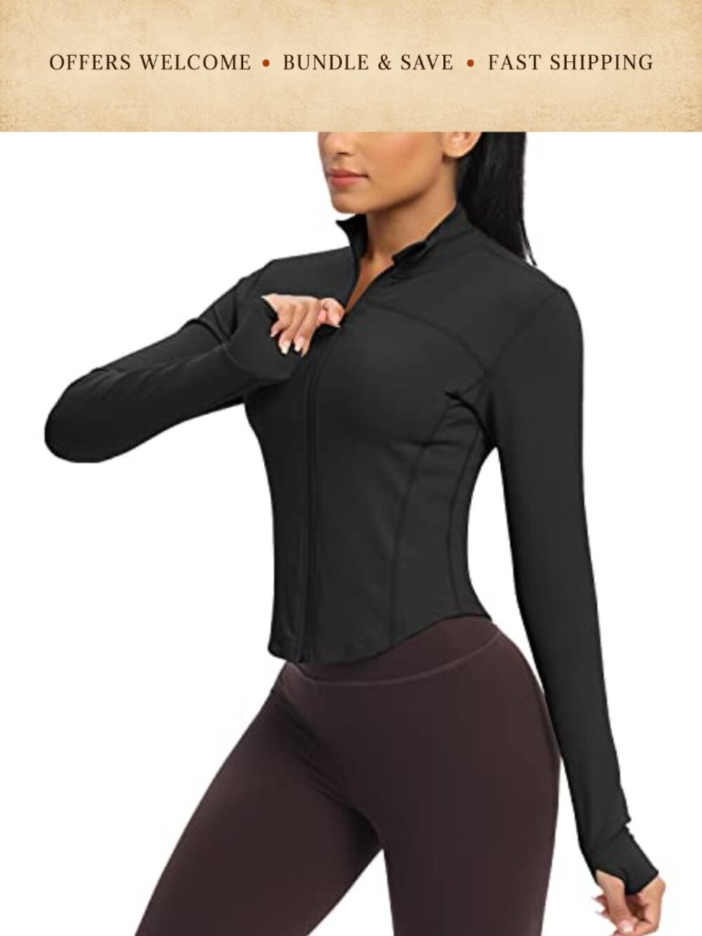Women's Zip Up Cropped Athletic Workout Jacket Yoga Running Thumbholes